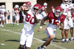 Alabama wide receiver Kobe Prentice (80) makes a catch during Practice at Thomas-Drew Practice Fields in Tuscaloosa, AL on Tuesday, Apr 18, 2023.