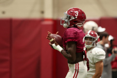 Alabama defensive back Terrion Arnold (3) catches the ball during practice at Thomas-Drew Practice Fields in Tuscaloosa, AL on Tuesday, Nov 15, 2022.
