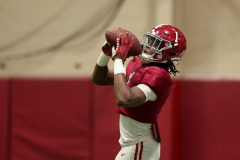 Alabama defensive back Kool-Aid McKinstry (1) catches the ball during practice at Thomas-Drew Practice Fields in Tuscaloosa, AL on Tuesday, Nov 15, 2022.