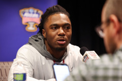 Alabama wide receiver Ja'Corey Brooks (7) speaks during aa press conference during Sugar Bowl practice at Caesars Superdome in New Orleans, LA on Wednesday, Dec 28, 2022.