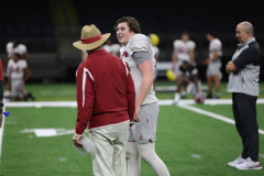 Alabama PK Will Reichard (16) speaks with Alabama Head Coach Nick Saban during Sugar Bowl practice at Caesars Superdome in New Orleans, LA on Wednesday, Dec 28, 2022.