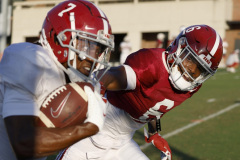 Alabama defensive back Khyree Jackson (6) runs a drill with Alabama wide receiver Ja'Corey Brooks (7) during Practice at Thomas-Drew Practice Fields in Tuscaloosa, AL on Tuesday, Nov 8, 2022.