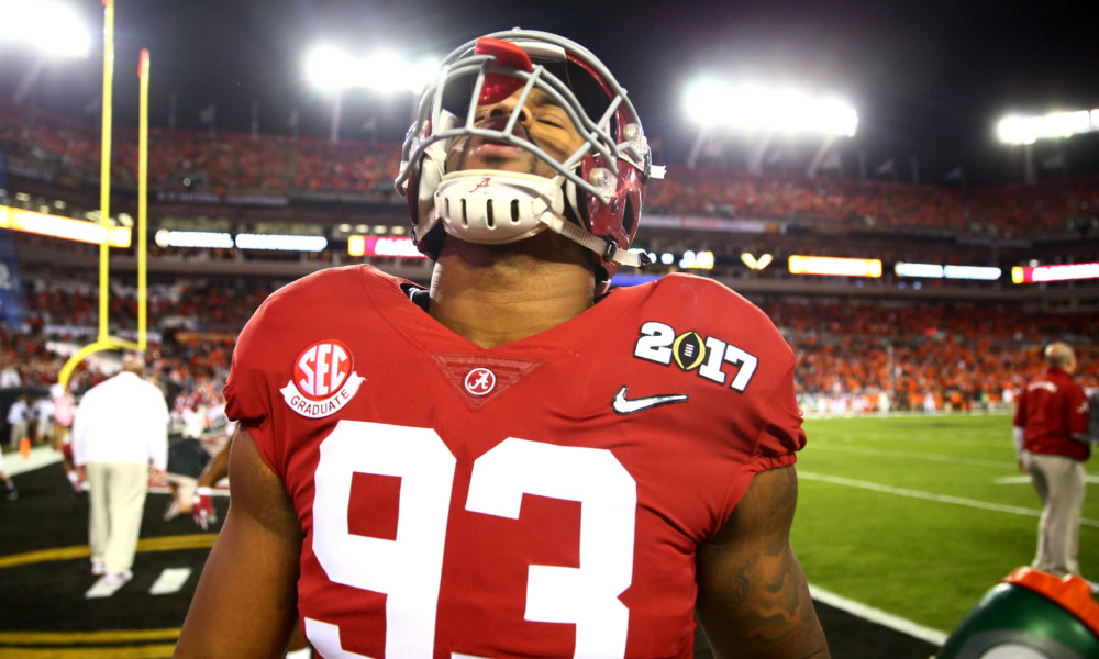Jonathan Allen (#93) warms up for Alabama before 2017 CFP National Championship Game