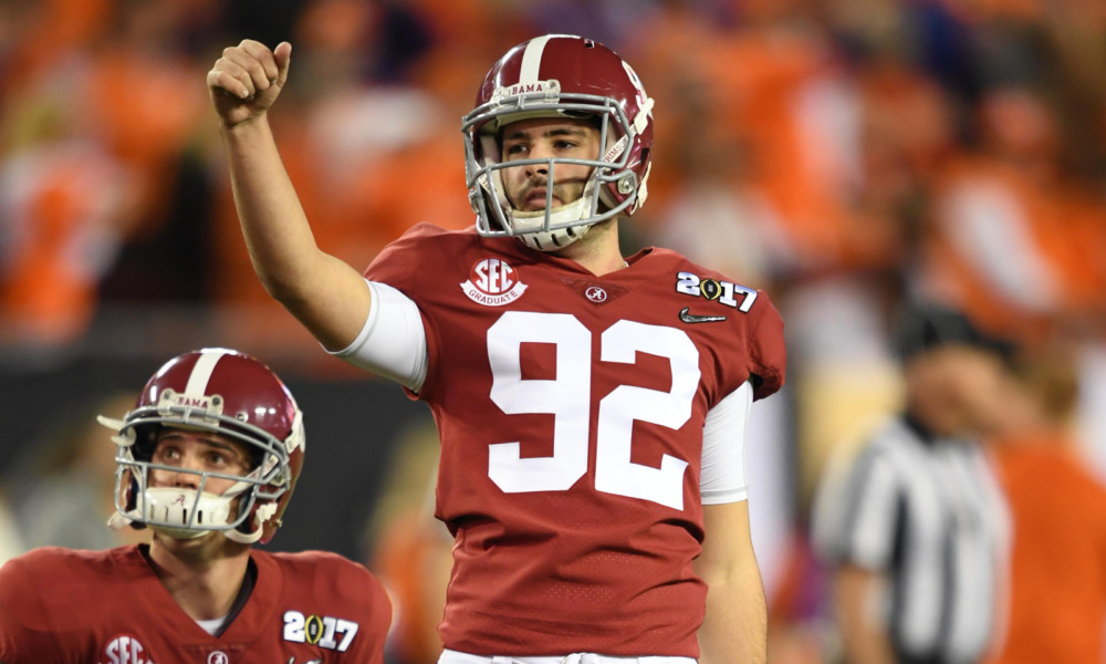 Andy Pappanastos warms up for Alabama in the 2017 CFP National Championship Game versus Clemson (2016 season)
