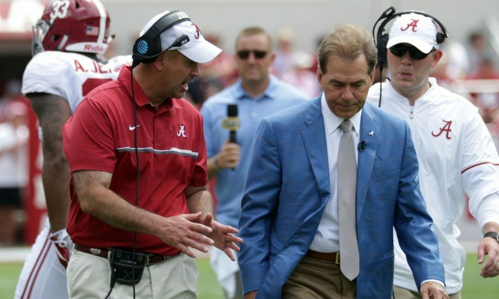 Nick Saban wearing blue blazer during 2017 A-Day for the Crimson Tide