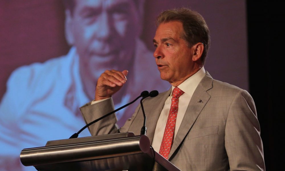 Nick Saban at the podium