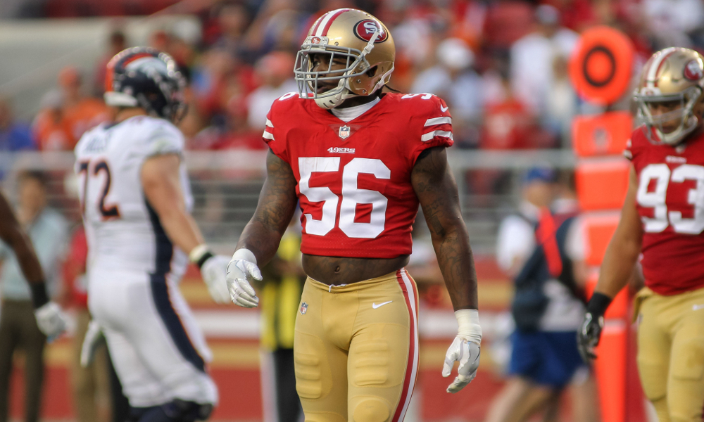 Reuben Foster (#56) in the game for the San Francisco 49ers in 2017 matchup versus Denver Broncos