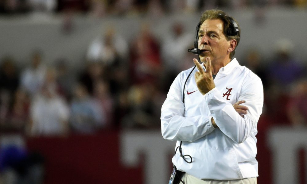 Alabama head coach Nick Saban thinking on the sideline versus Arkansas in 2017