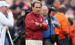 Nick Saban coaching Alabama during Iron Bowl