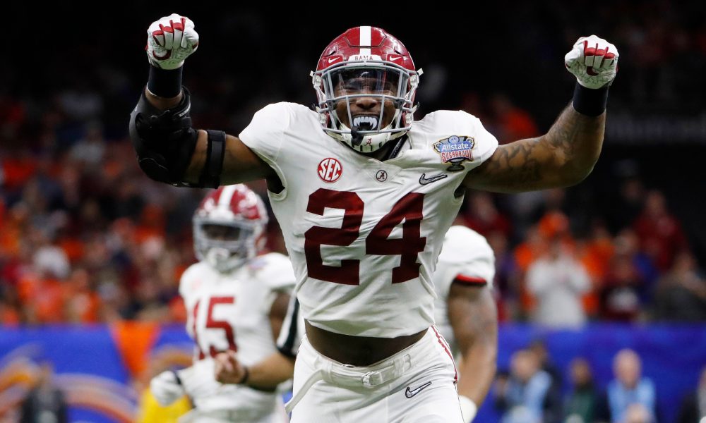 Terrell Lewis (#24) celebrates a sack for Alabama's defense in 2017 CFP Semifinal Game versus Clemson