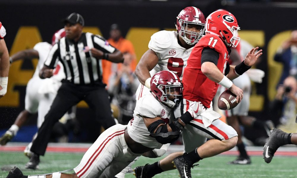 Terrell Lewis (#24) sacks Georgia QB Jake Fromm in 2018 CFP National Championship Game for Alabama