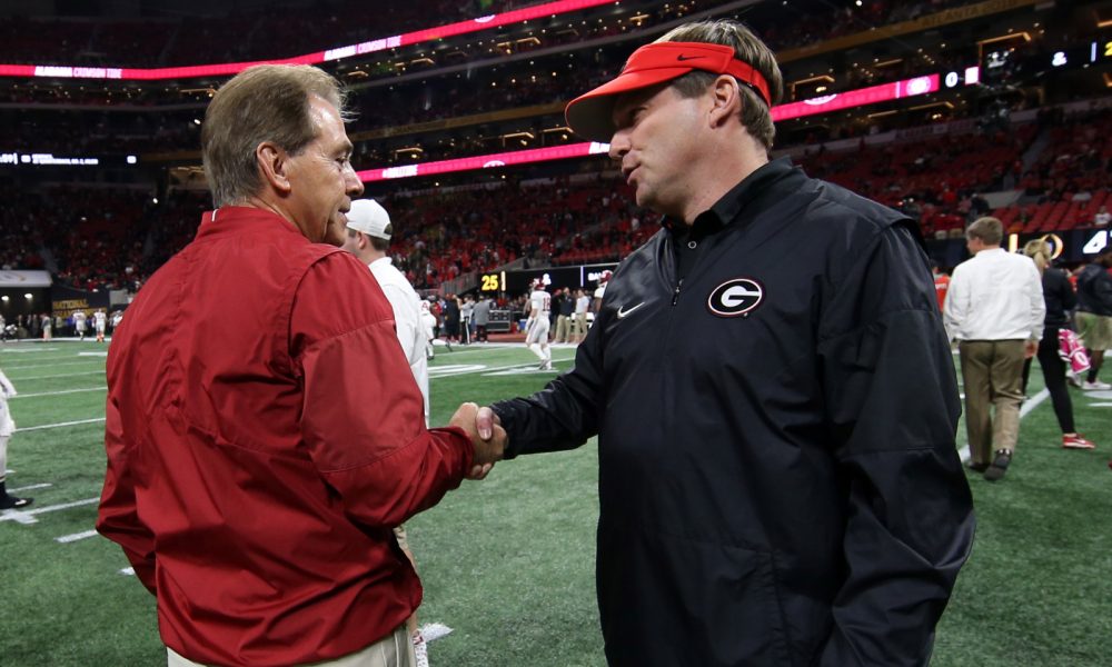 Nick Saban and Kirby Smart shake hands at 2018 CFP National Championship Game