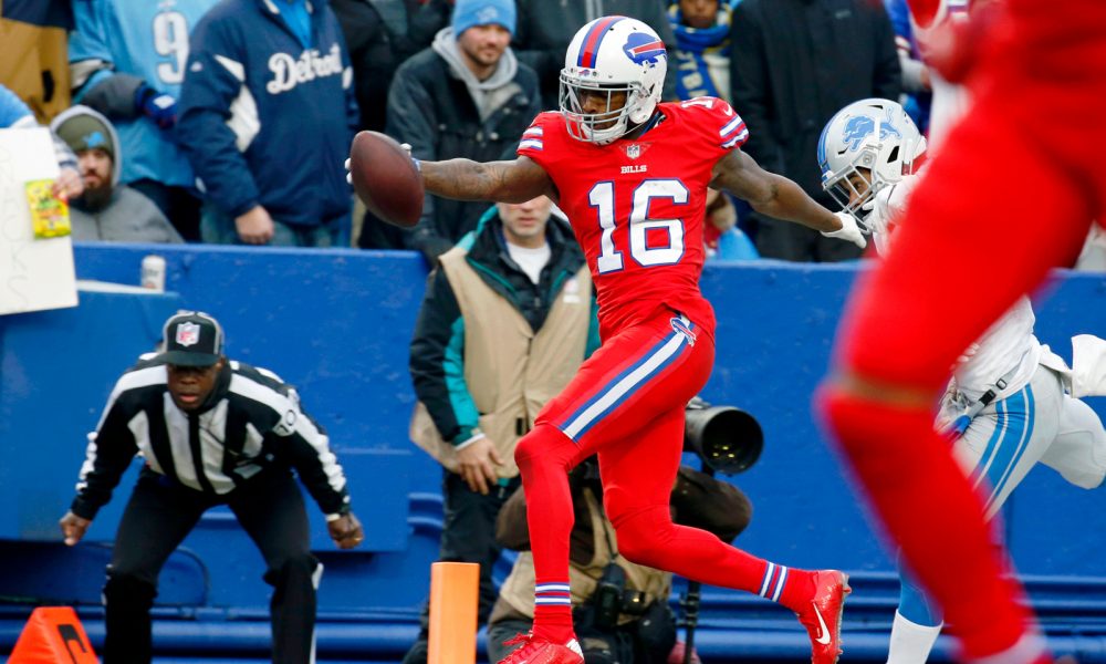 Robert Foster (#16) scores a touchdown for Buffalo Bills in 2018 versus Detroit Lions