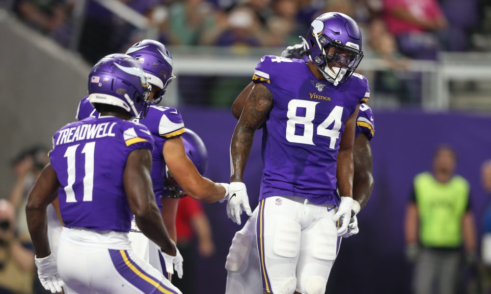 Irv Smith celebrates a touchdown in 2019 game for Vikings