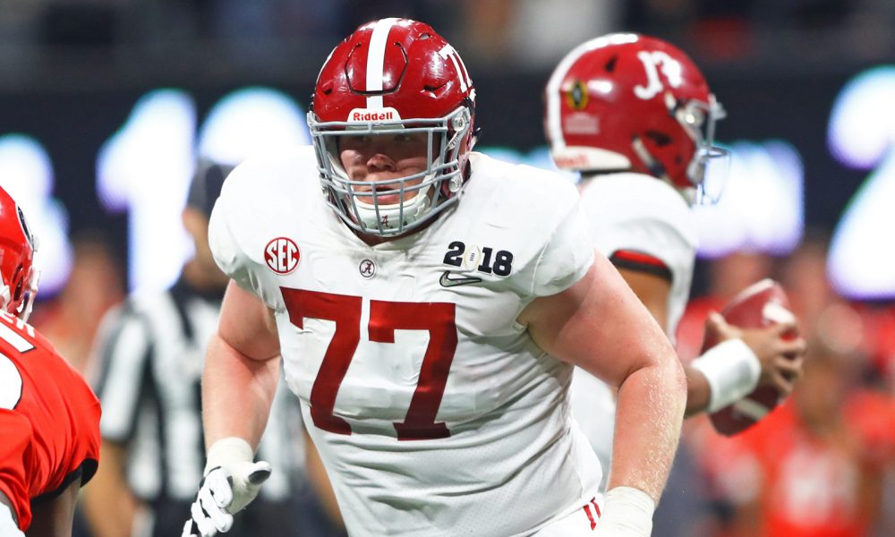 Matt Womack (#77) coming out his stance to block for Alabama versus Georgia in 2018 CFP National Championship Game