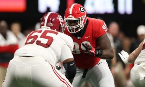 Deonte Brown blocking a Georgia DL in 2018 SEC Championship Game