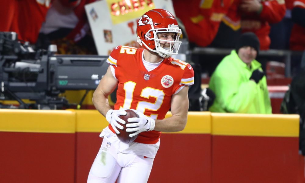 Gehrig Dieter celebrates a near TD for the Chiefs versus the New England Patriots in 2019 AFC Championship Game