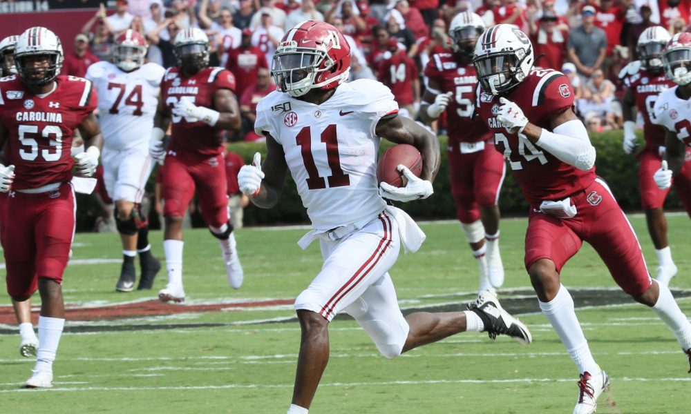 Henry Ruggs III runs the ball for an 81-yard touchdown for Alabama versus South Carolina in 2019