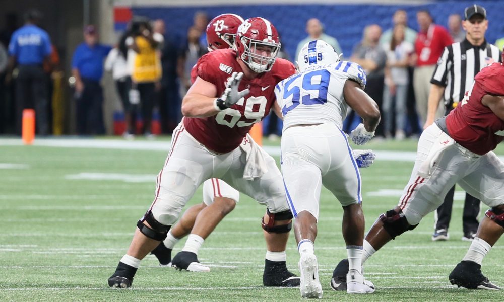 Landon Dickerson blocking for Alabama versus Duke in 2019