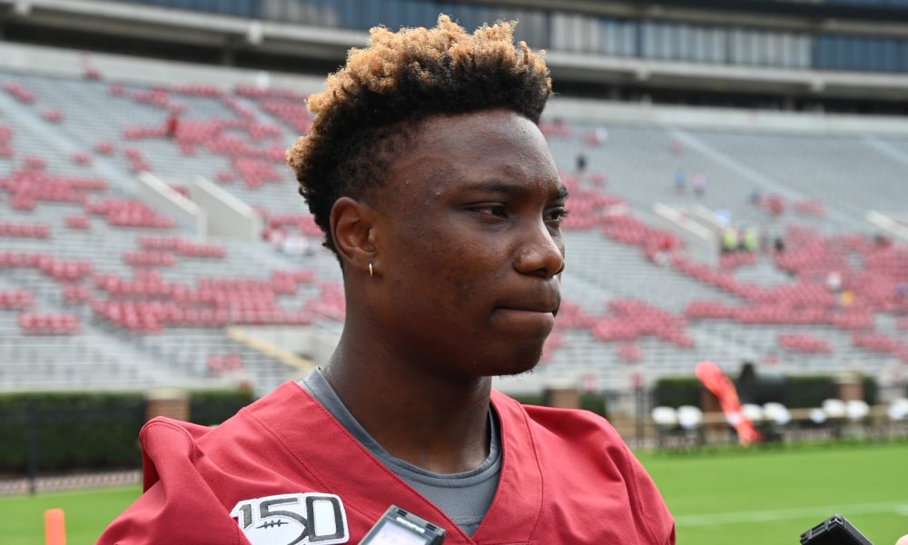 Henry Ruggs being interviewed at Alabama's open practice in August of 2019