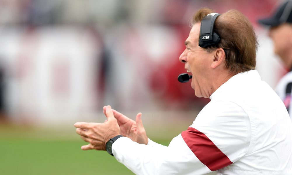 Nick Saban yelling on the sidelines during Alabama's game versus W. Carolina in 2019