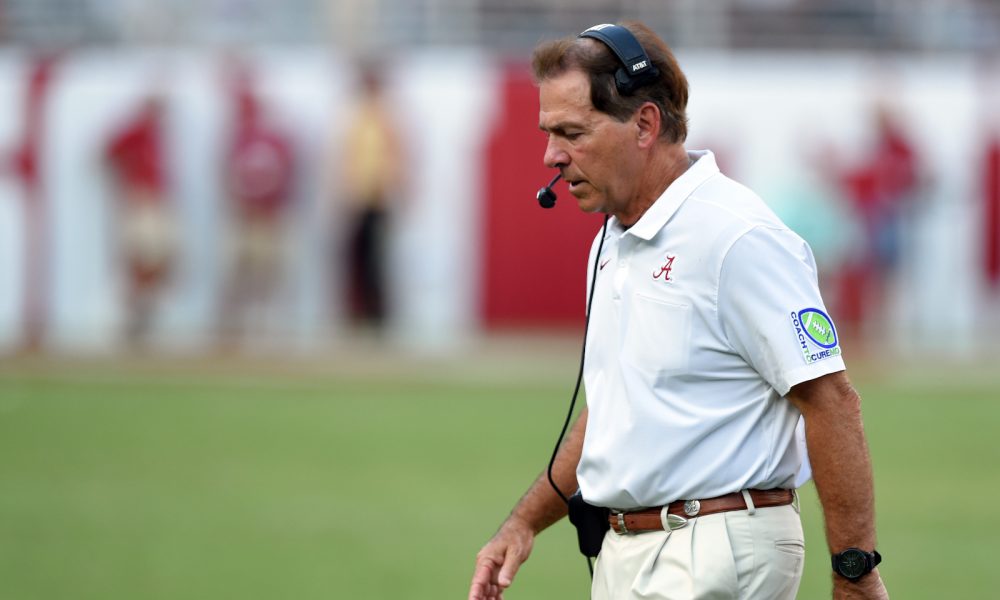 Nick Saban walking across the field in Alabama's matchup vs. Ole Miss in 2019