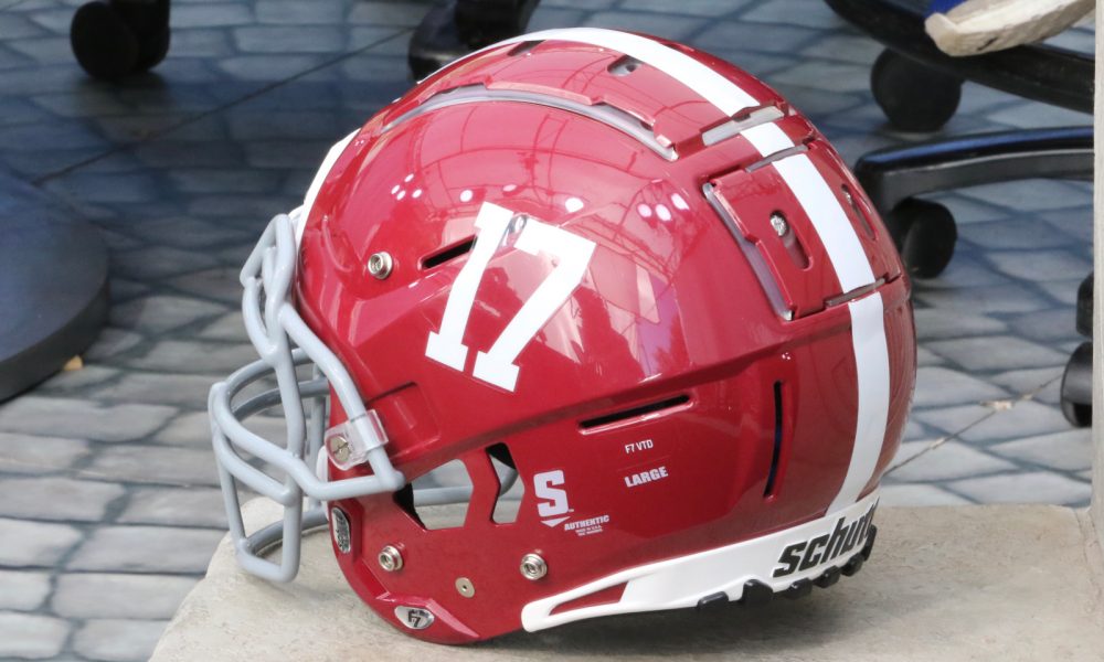 A look at an Alabama helmet on the ESPN set for Alabama vs. LSU in 2019