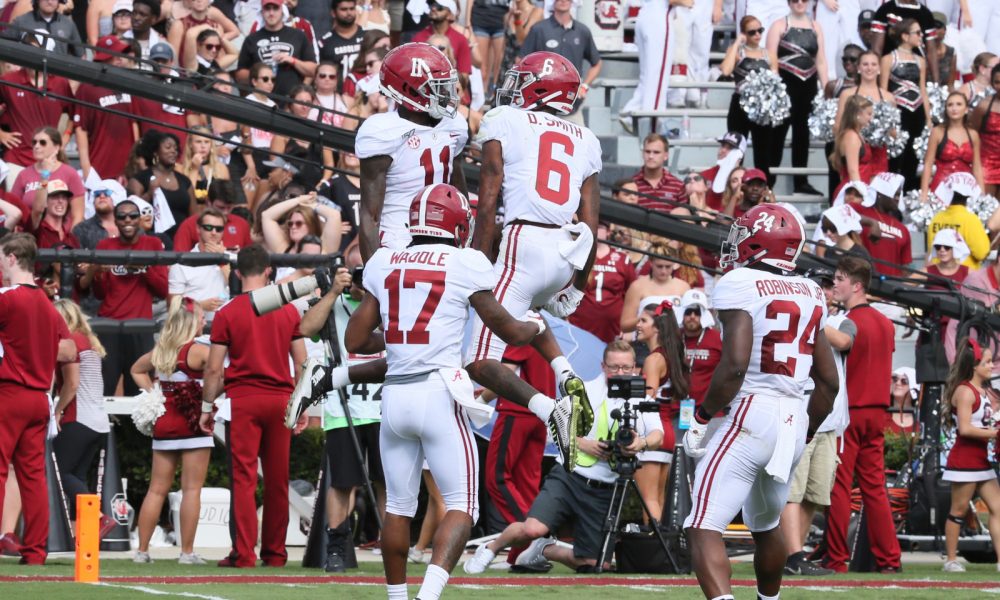 Alabama receivers celebrate a touchdown in 2019 season