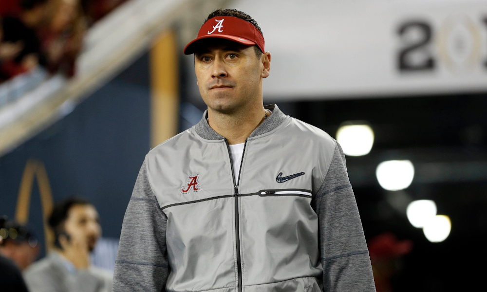 Steve Sarkisian takes the field as Alabama's OC during 2017 CFP National Championship Game versus Clemson