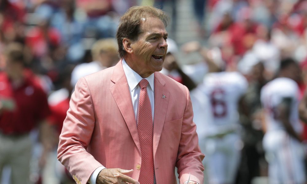 Nick Saban in salmon suit for A-Day