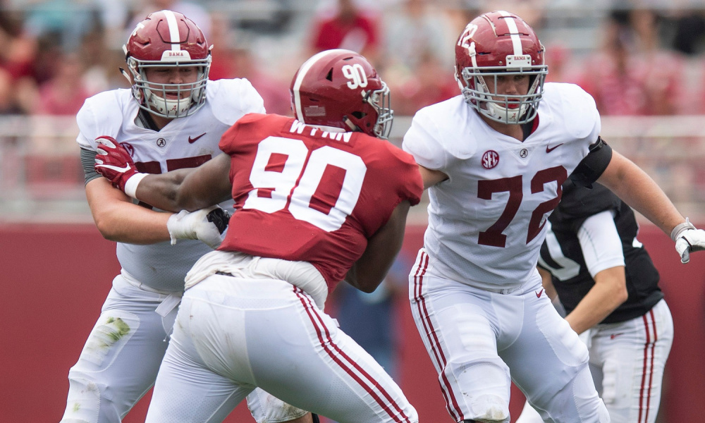 Pierce Quick (#72) blocking for Alabama during 2019 A-Day game