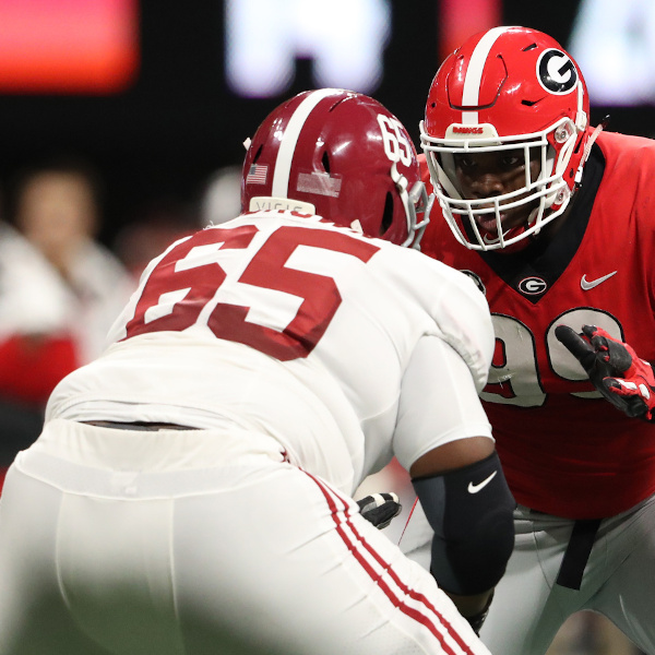 Deonte Brown of Alabama in his stance during SEC Championship Game versus Georgia in 2018