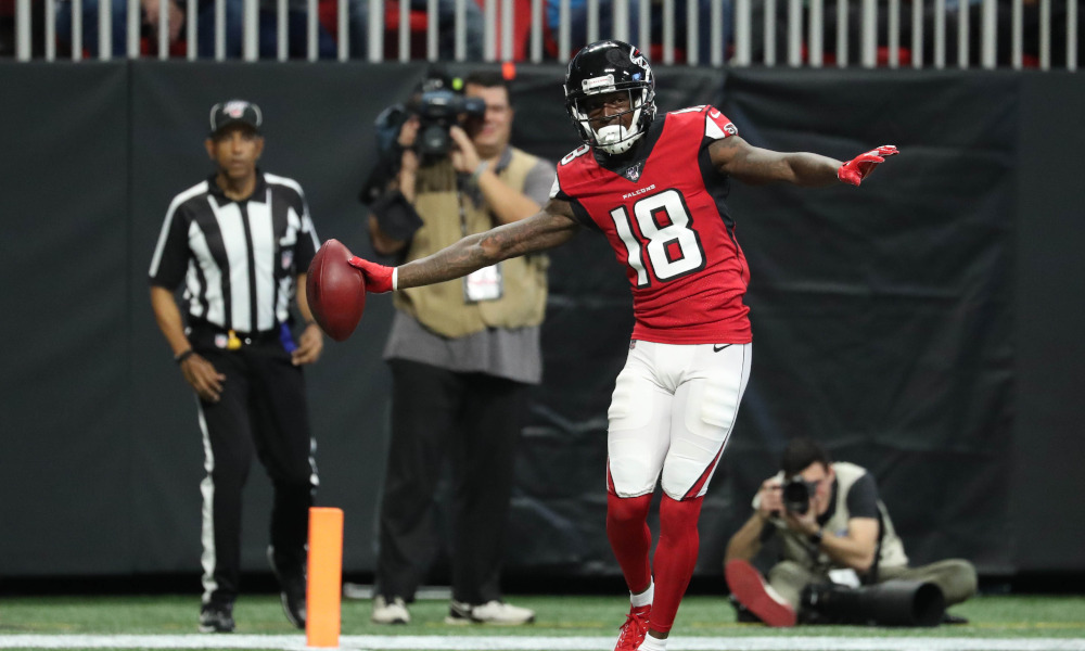 Calvin Ridley of the Atlanta Falcons scores a TD versus Carolina Panthers in 2019 season