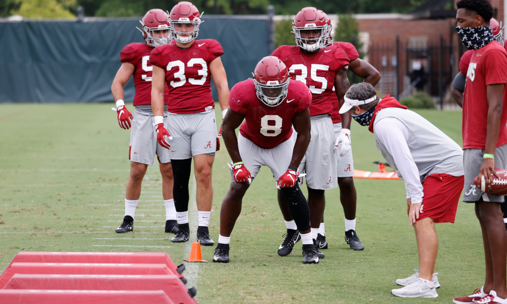 Christian Harris about to work through some bags at Alabama fall camp