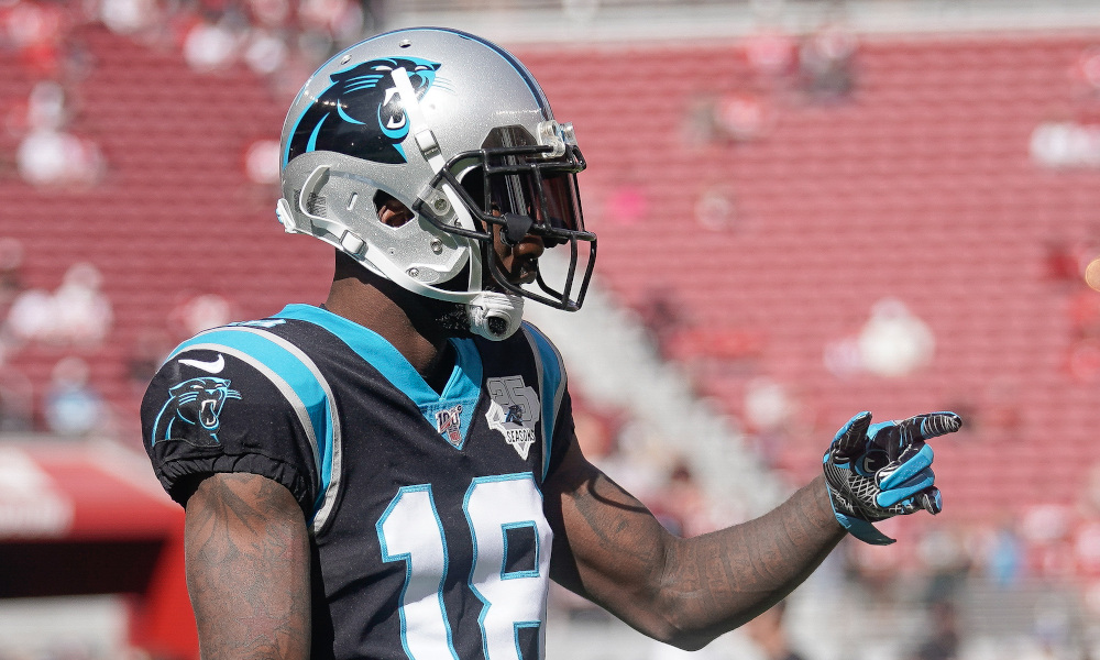 Deandrew White pointing as a member of Carolina Panthers in 2019 game versus San Francisco 49ers
