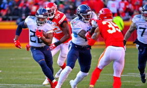 Derrick Henry of the Titans runs the football in 2020 AFC Championship Game versus Kansas City