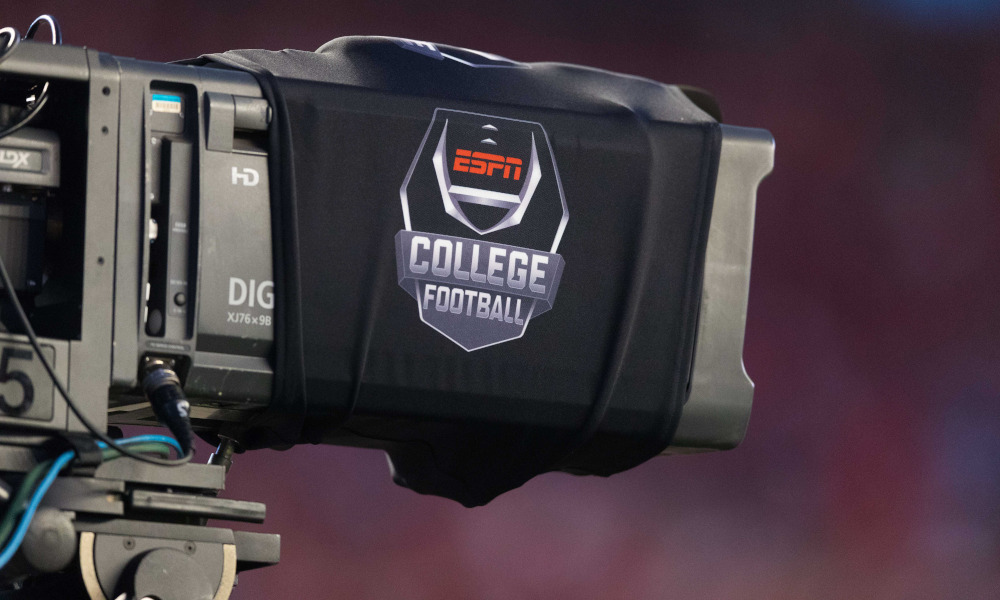 A look at ESPN's College Football logo on a camera during a 2018 matchup between Wisconsin and Western Kentucky