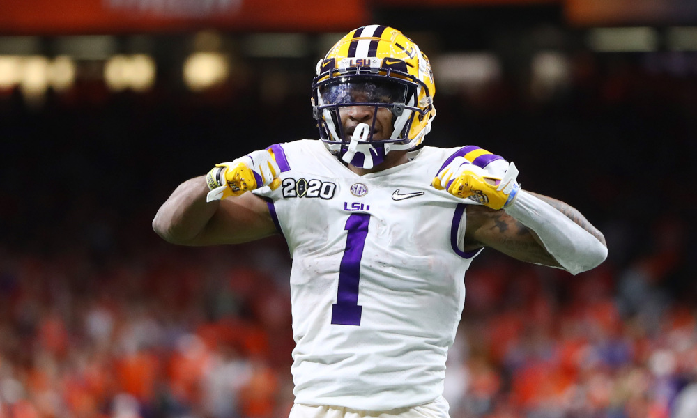 Ja'Marr Chase of LSU celebrates a TD versus Clemson in 2020 CFP National Championship Game