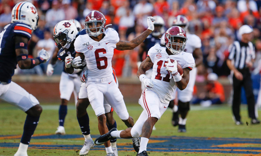 Alabama WR Jaylen Waddle running the ball versus Auburn in 2019 Iron Bowl