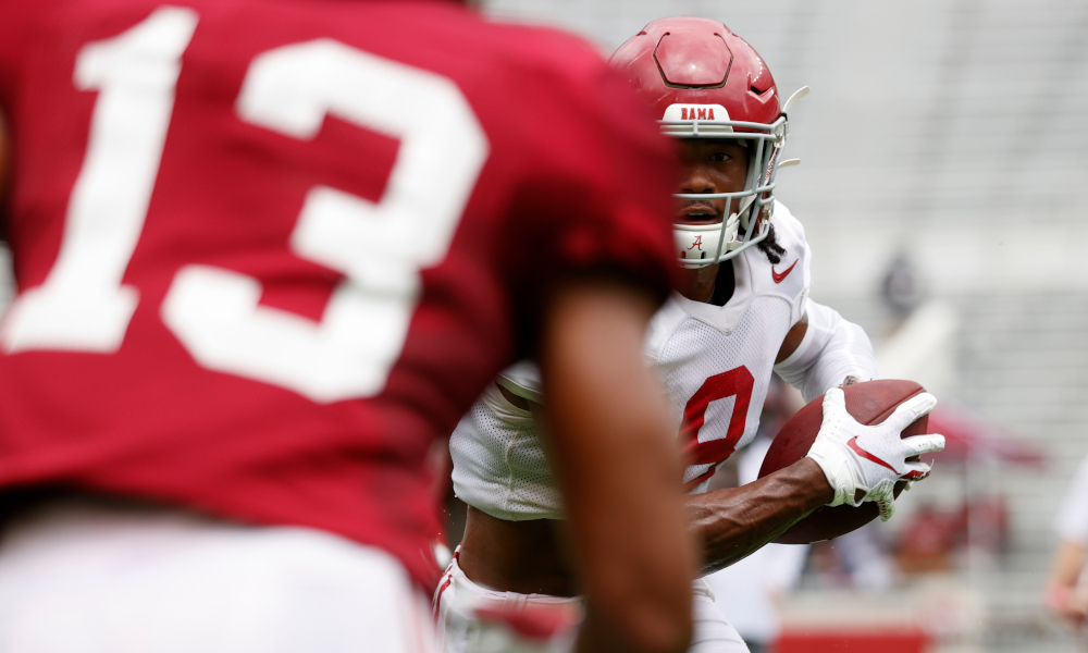 Malachi Moore (No. 13) to tackle John Metchie at Alabama's first scrimmage