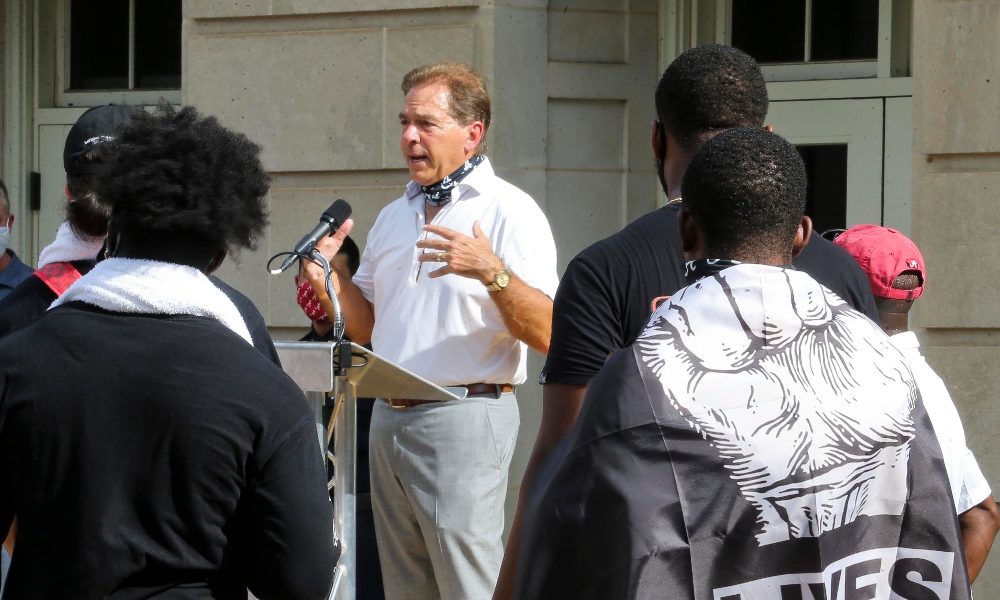 Nick Saban speaks following the teams march against racial injustice