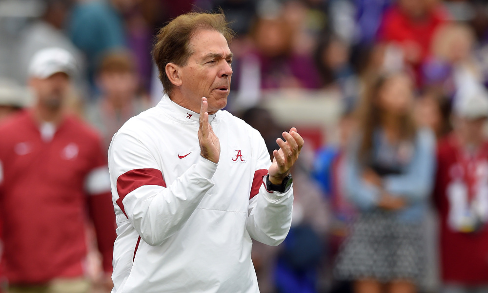 Nick Saban clapping during pregame warmups before WCU game in 2019