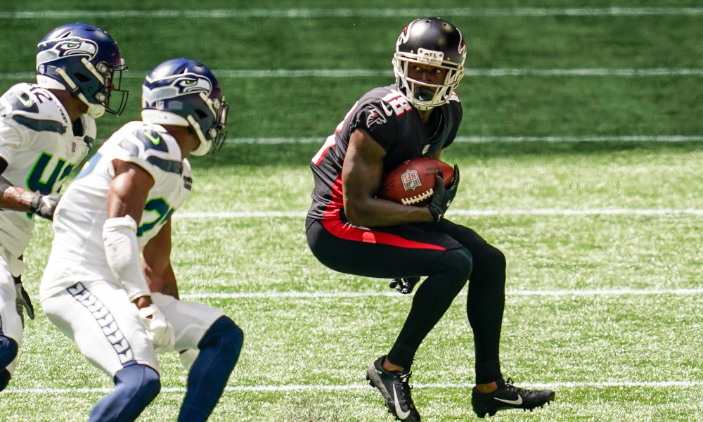Calvin Ridley of the Atlanta Falcons runs with the ball versus Seattle Seahawks
