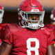Christian Harris working with inside linebackers at Alabama fall practice