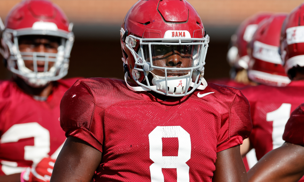 Christian Harris working with inside linebackers at Alabama fall practice