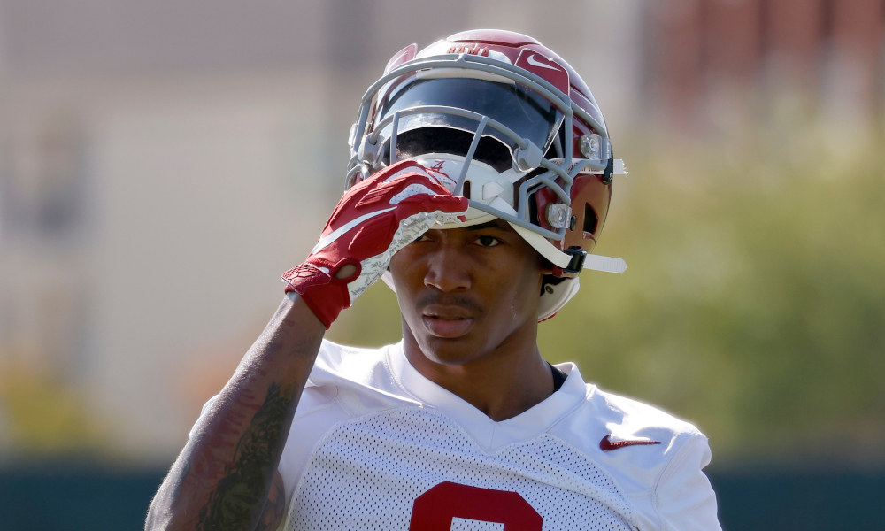 DeVonta Smith looks on at Alabama fall practice