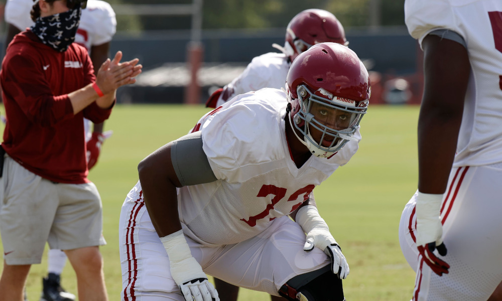 Evan Neal in his stance at Alabama fall practice