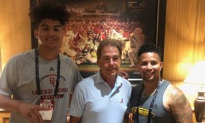 alabama 2021 defensive end target jt Tuimoloau embarcing nick sabn during visit