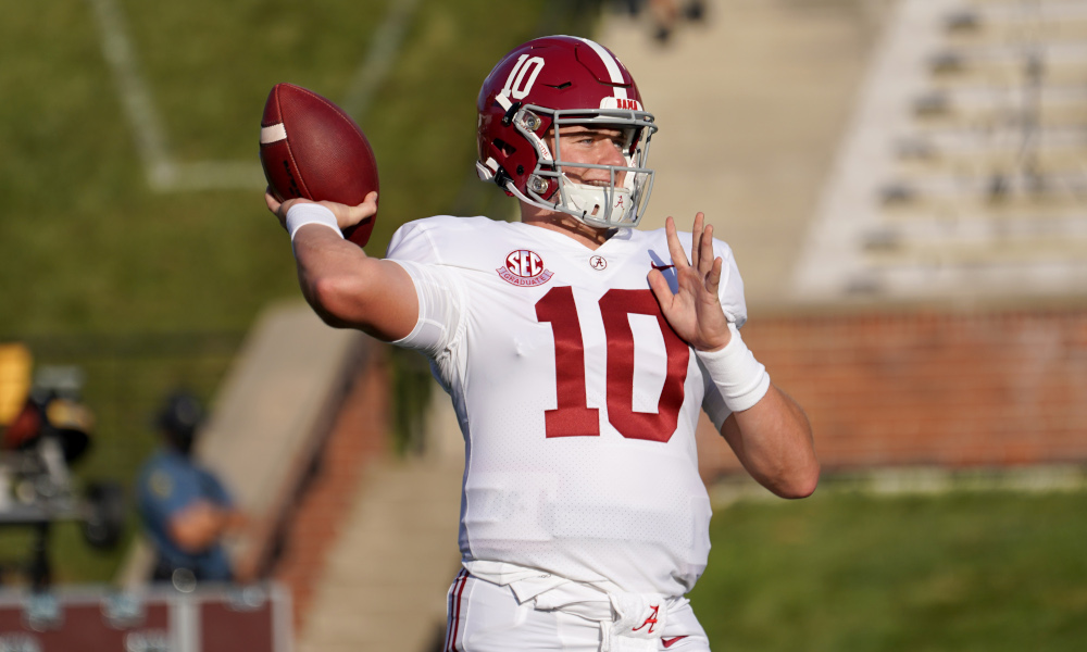 Mac Jones in warmups before game versus Missouri