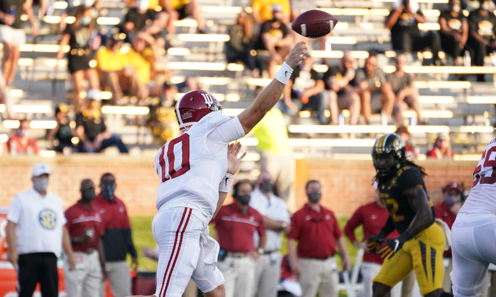 Mac Jones with a throw against Missouri